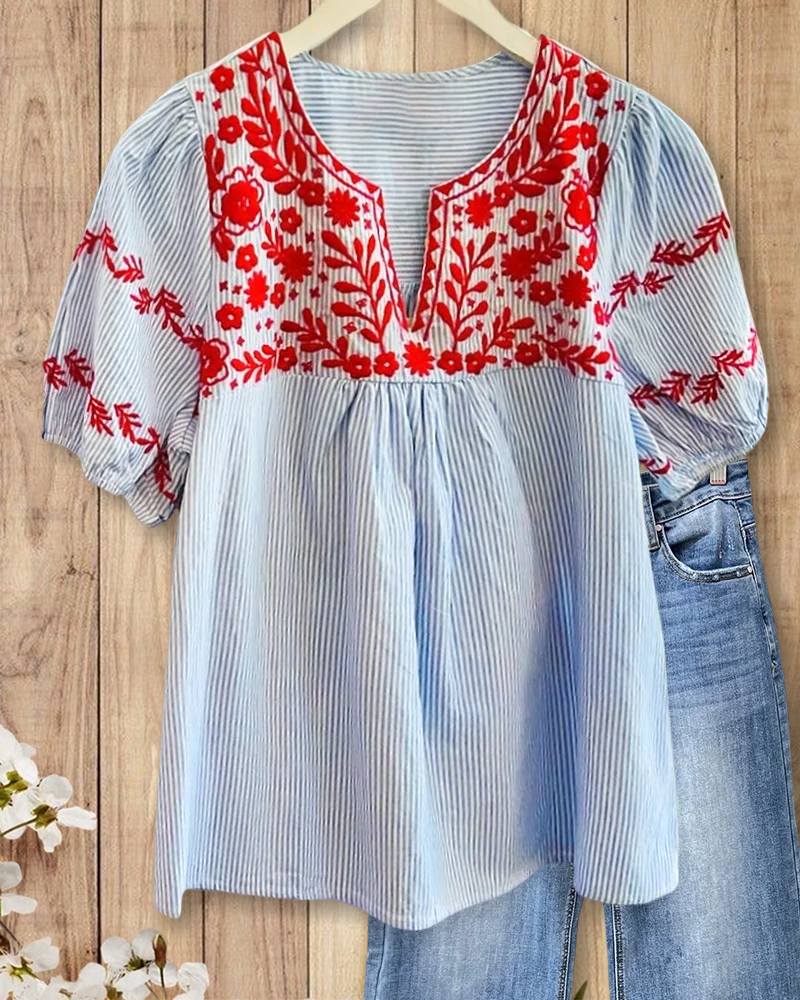 Striped & Floral Embroidery Pretty V Neck T-Shirt