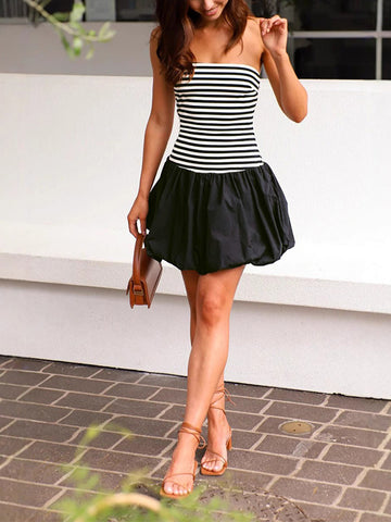 Chest Wrap Striped Pleated Mini Dress