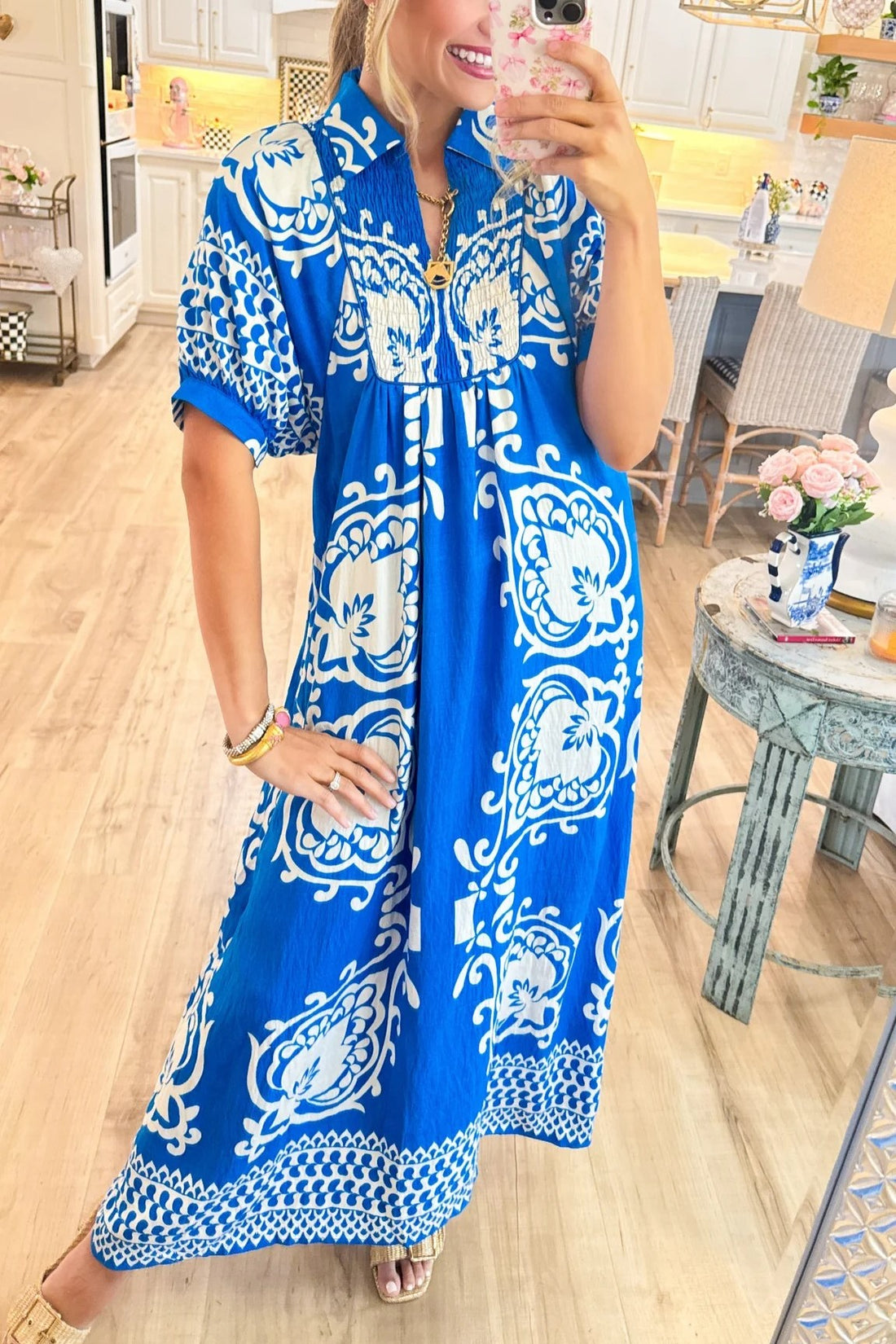 Women's Lapel V Neck Mixed Print Puff Sleeve Smocked Dress