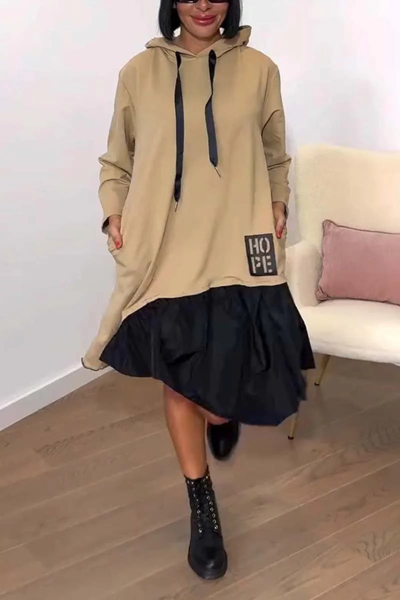 Women's Casual Hem Patchwork Hooded Sweatshirt Dress