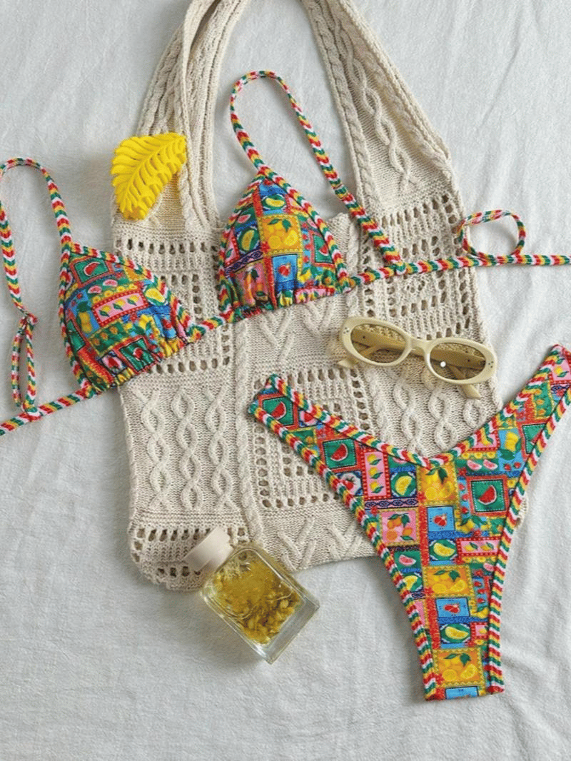 Women's Leopard & Fruits Print Bikini Set, Ladies Swimsuit for All Seasons