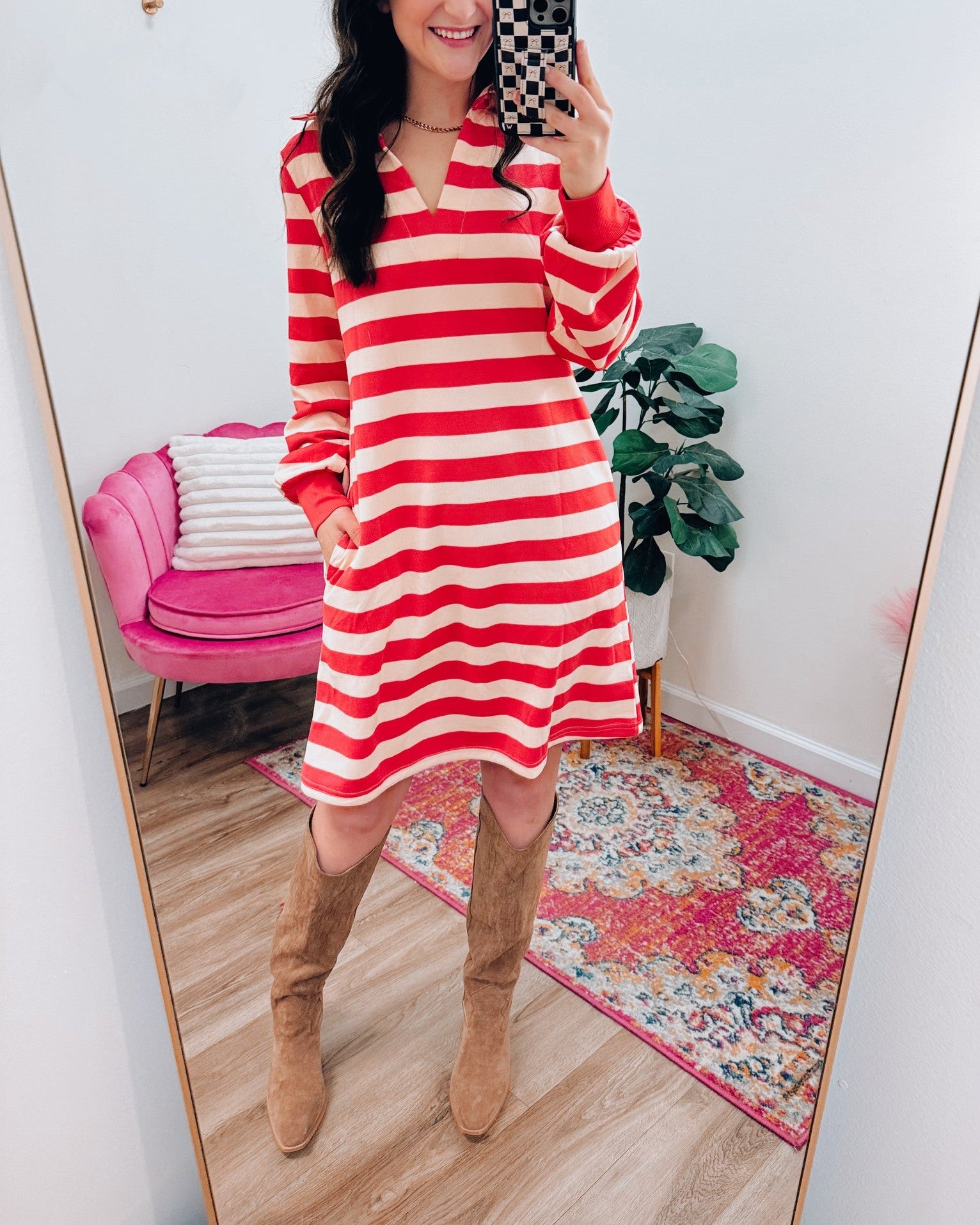 Casual Striped V-Neck Long Sleeve Loose Dress With Pockets