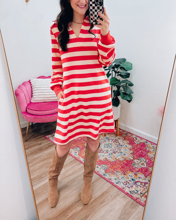 Casual Striped V-Neck Long Sleeve Loose Dress With Pockets