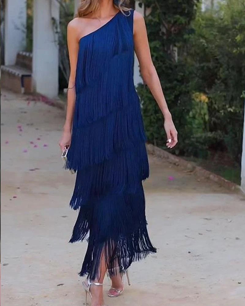 Fringe Diagonal Shoulder Asymmetrical Dress