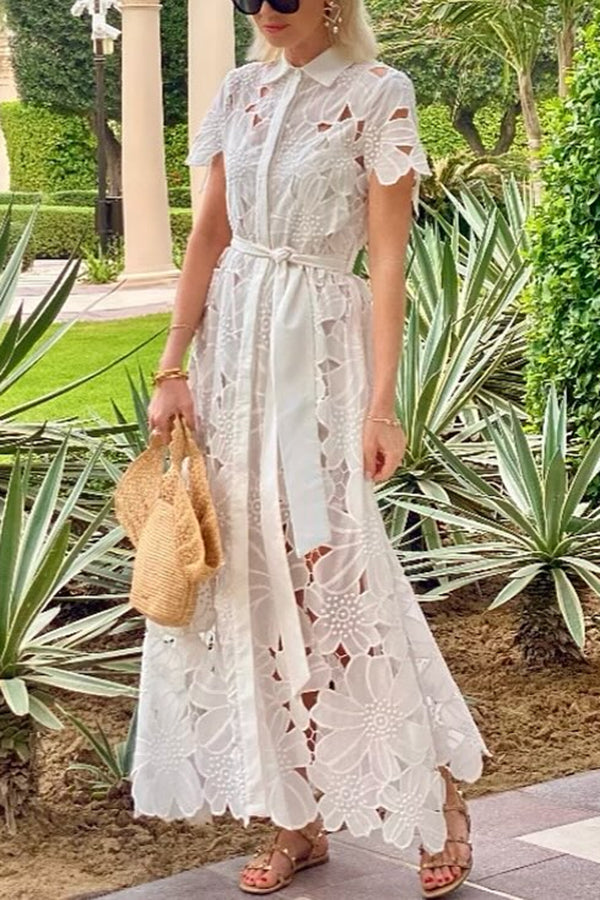 Floral Crochet Lace Short Sleeve Tie-up Shirt Maxi Dress