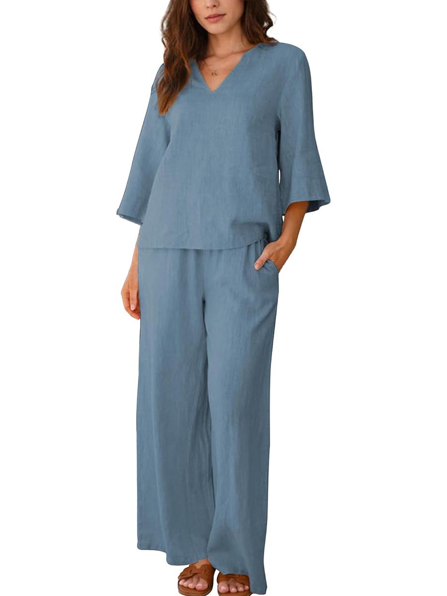 Women's Casual V Neck Top Wide Leg Pants Matching Set