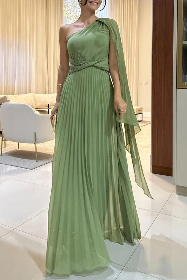 One Shoulder Drape Sleeve Twist Waist Maxi Dress