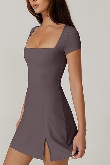 Women's Square Neck Tennis Dress Short Sleeve Built-in Shorts