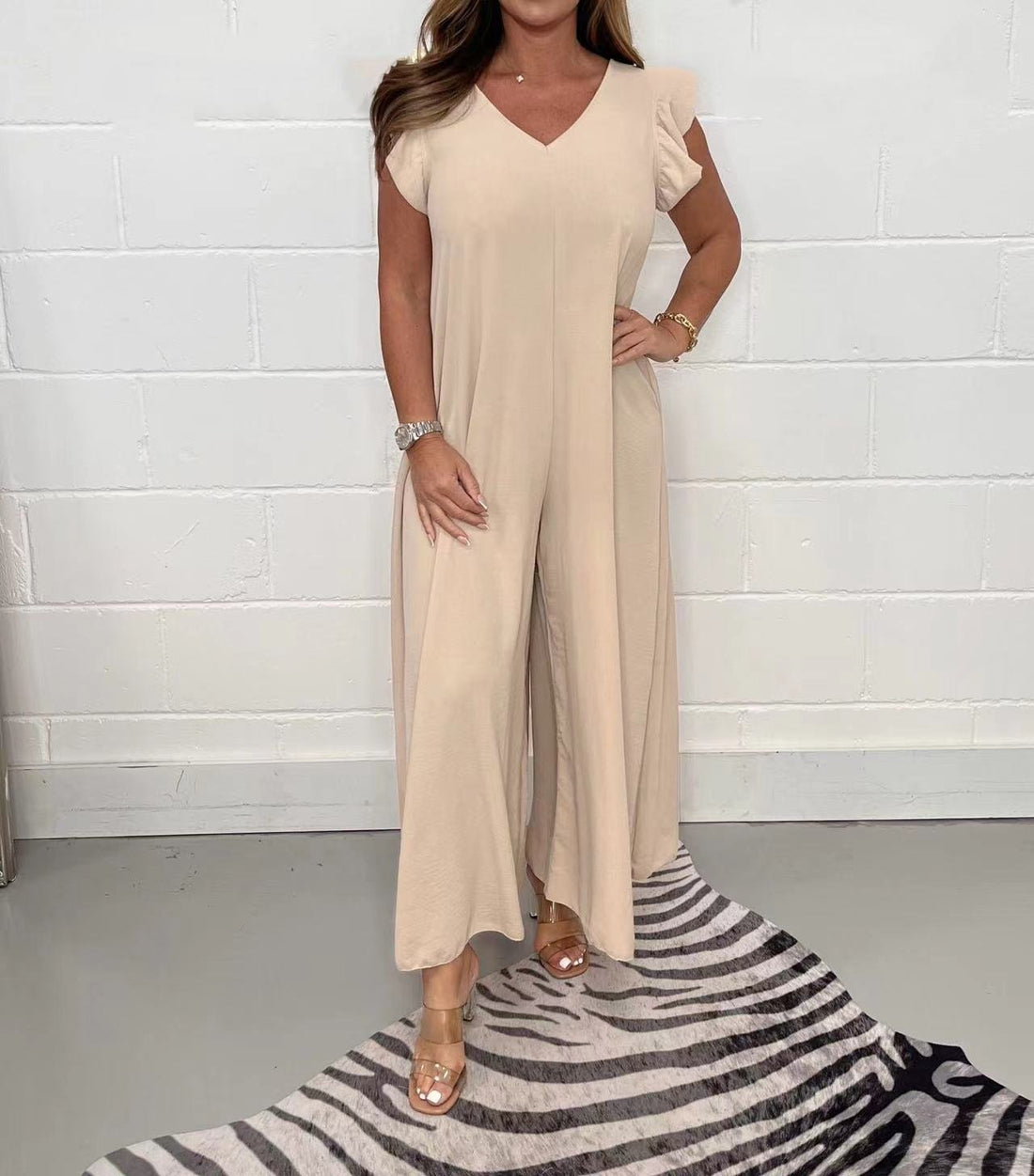Ruffled Sleeve Wide Leg Casual Jumpsuit