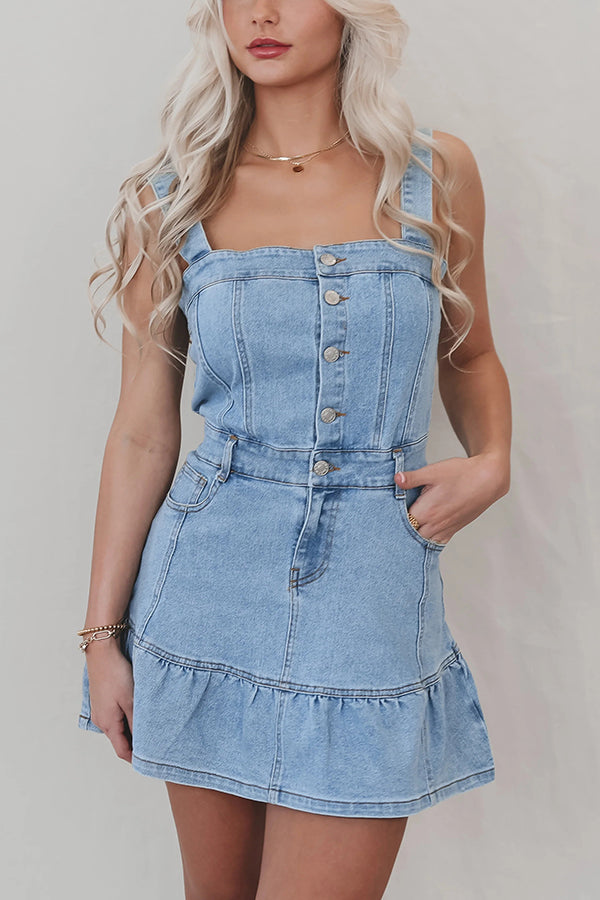 Square Neck Suspender Button Pocket Denim Mini Dress