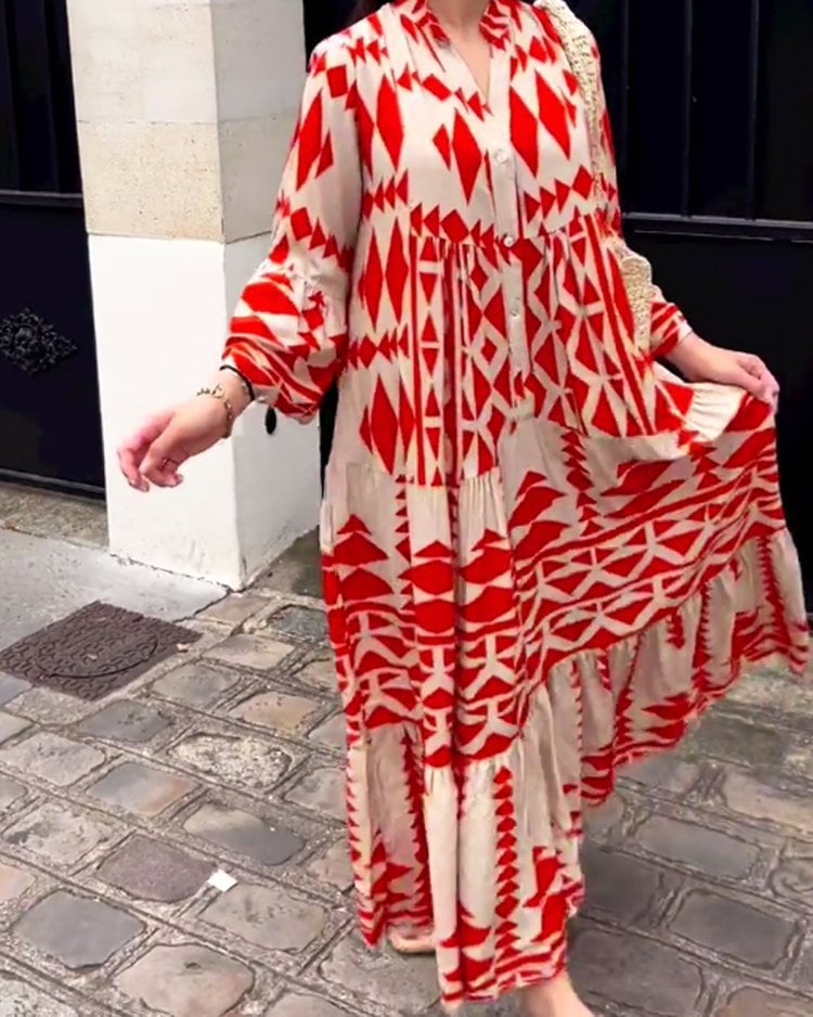 Oversized Retro Print V-Neck Dress