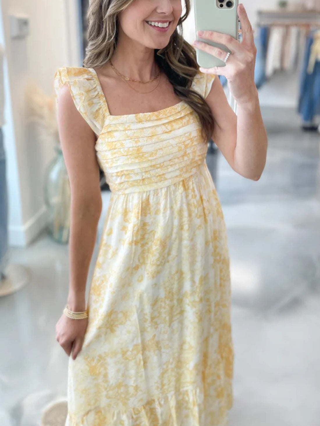 Women's Casual Square Neck Pleated Printed Layered Dress