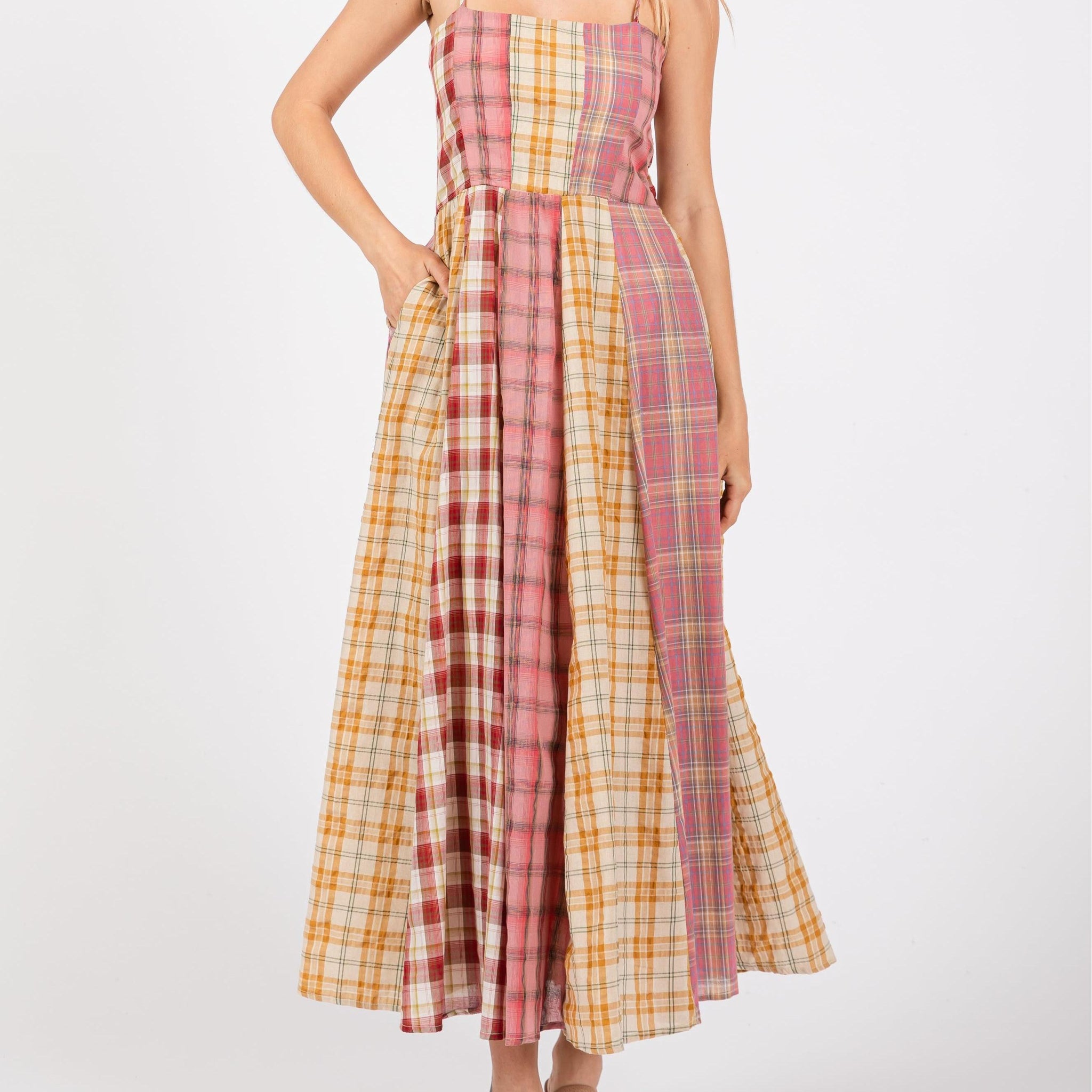 Women's Casual Patchwork Plaid Suspender Maxi Dress