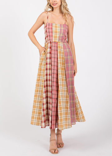 Women's Casual Patchwork Plaid Suspender Maxi Dress