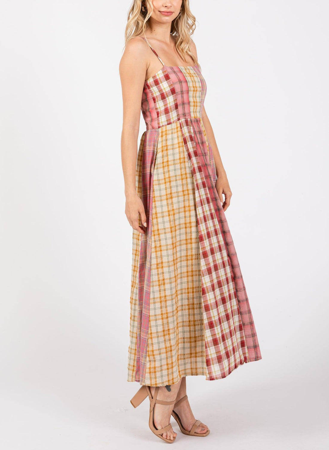 Women's Casual Patchwork Plaid Suspender Maxi Dress