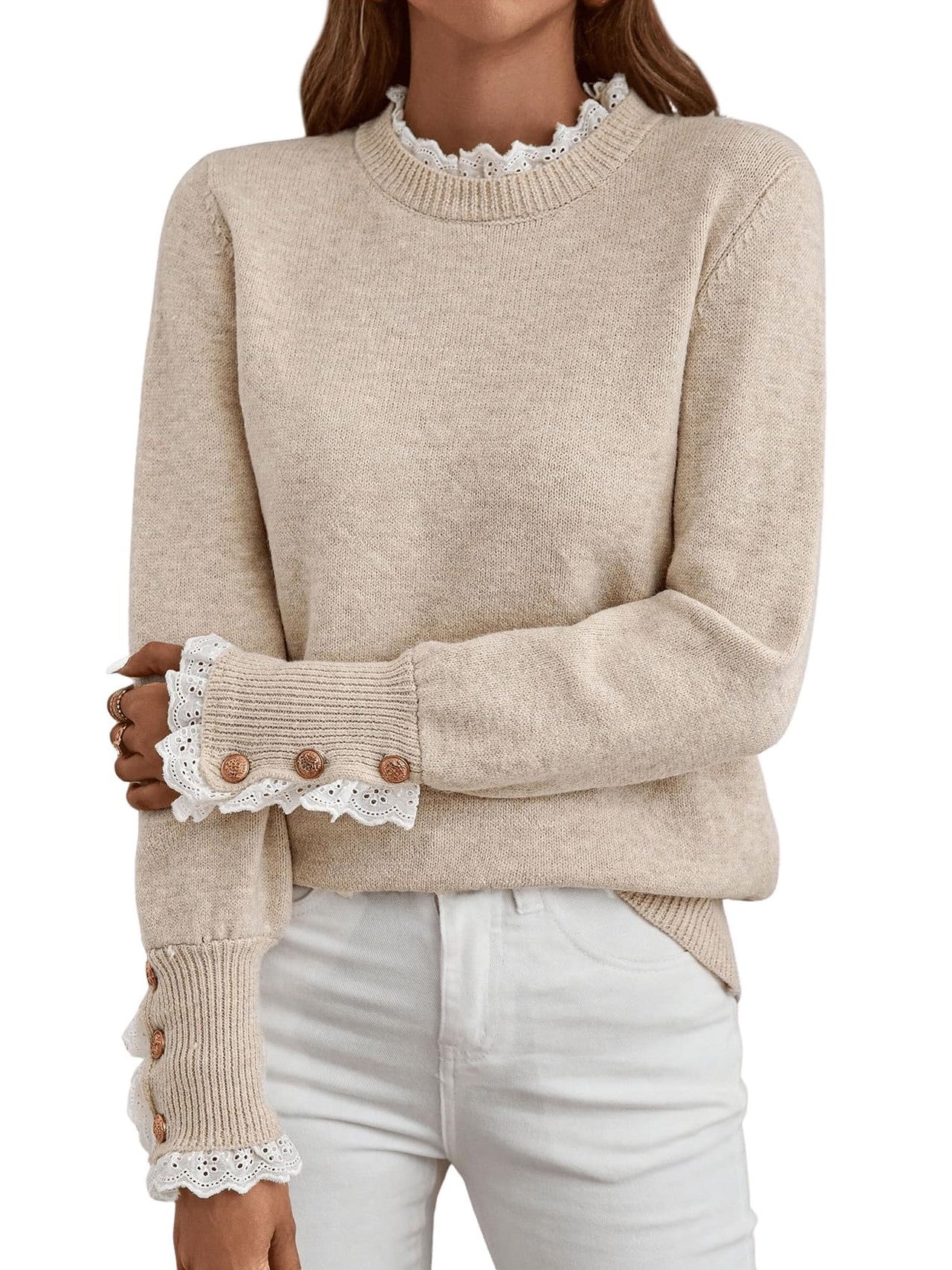 Women's Long Sleeve Knitted Button Lace Trim Sweater