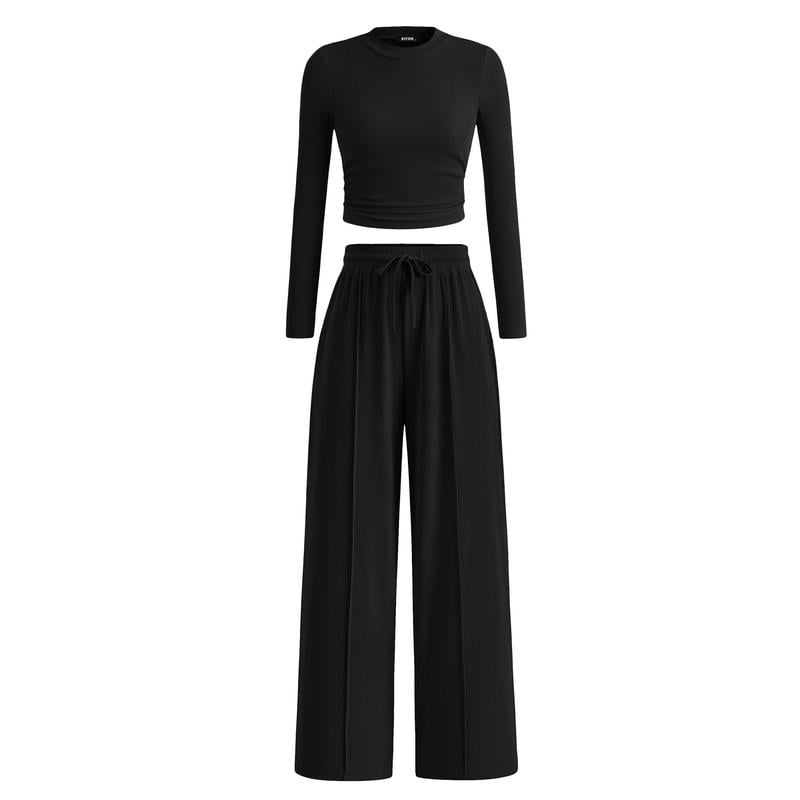 Woman's 2-Piece Ribbed Knit Long Sleeve Crop Top Wide Leg Pants Matching Lounge Set Loungewear[Buy 2 Free Shipping]