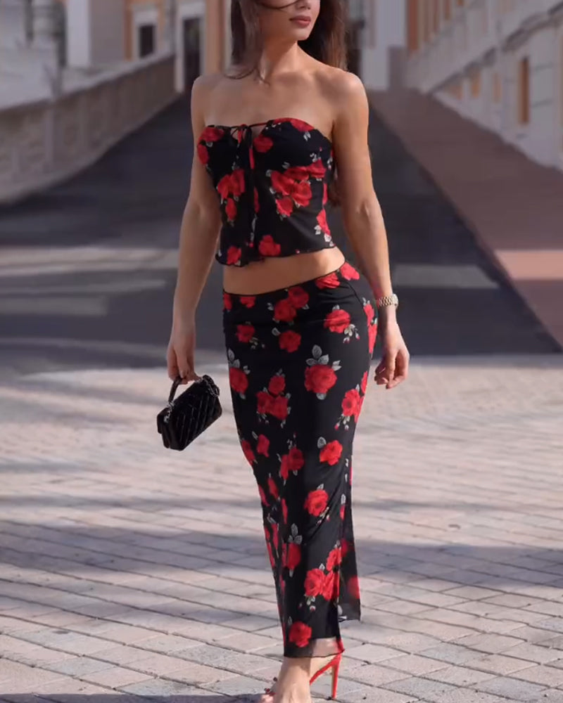 Sexy Rose Strapless Top & Split Skirt Two-Piece Set