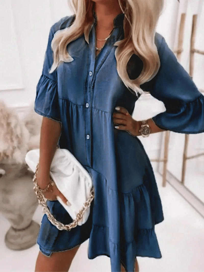 V-Neck Ruffle Trim Summer Dress – Lightweight Denim Look