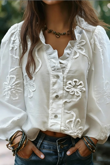Embroidered Flower Ruffle Neck Puff Sleeve Top