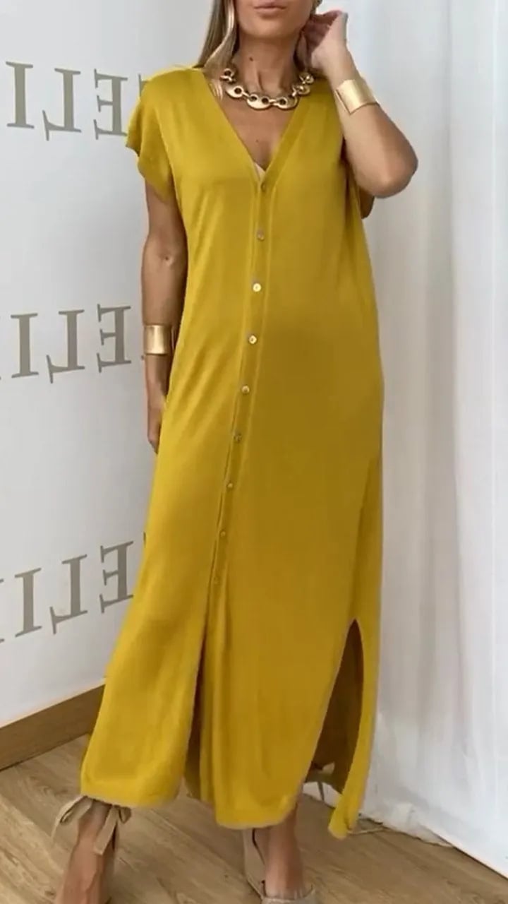 V Neck Slit Short Sleeved Button Up Skirt Fashion Sense Full