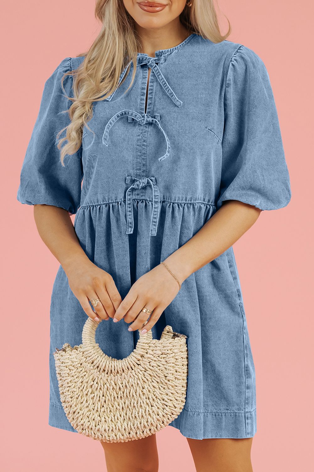 Women's Bowknot Round Neck Half Sleeve Denim Dress With Pockets