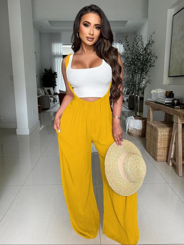 Women's Drawstring Tie Back Wide Leg Pocket Suspender Pants
