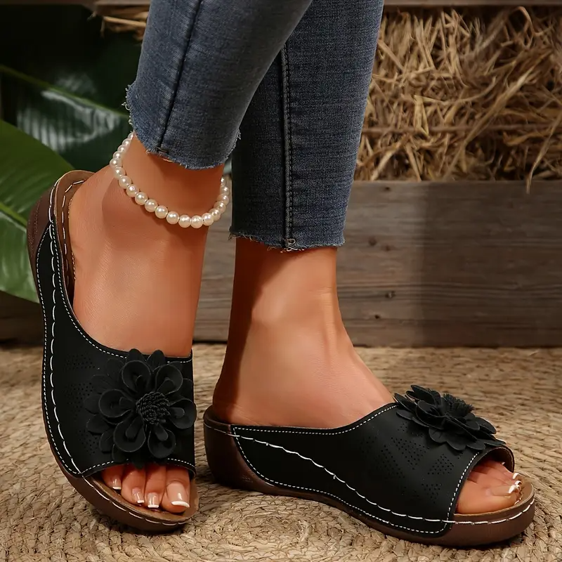 Women’s Bohemian Wedge Sandals – 3D Floral Design Comfortable Walking Slippers