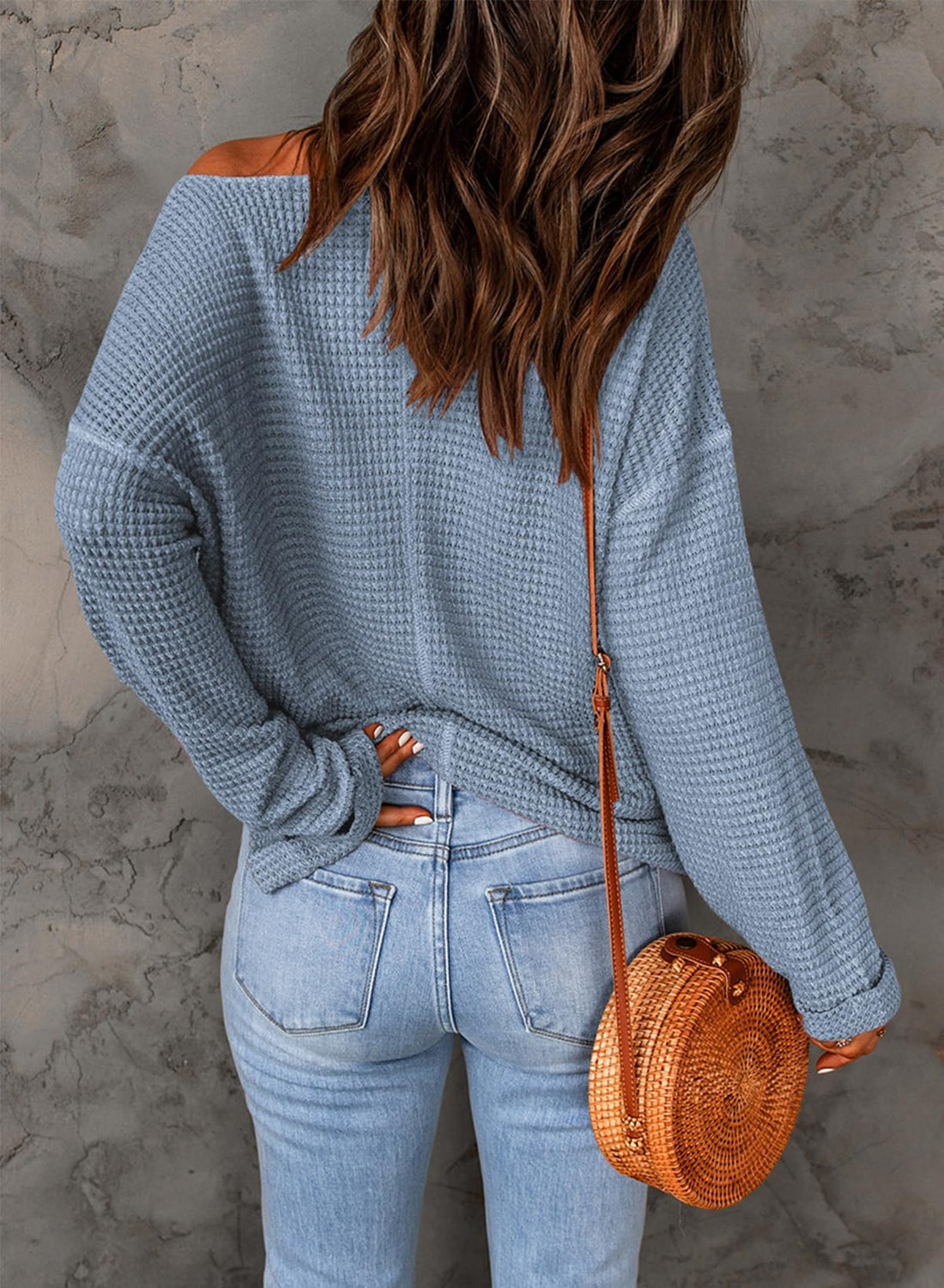 Trendy Women's Oversized Casual V Neck Waffle Knit Tunic Top