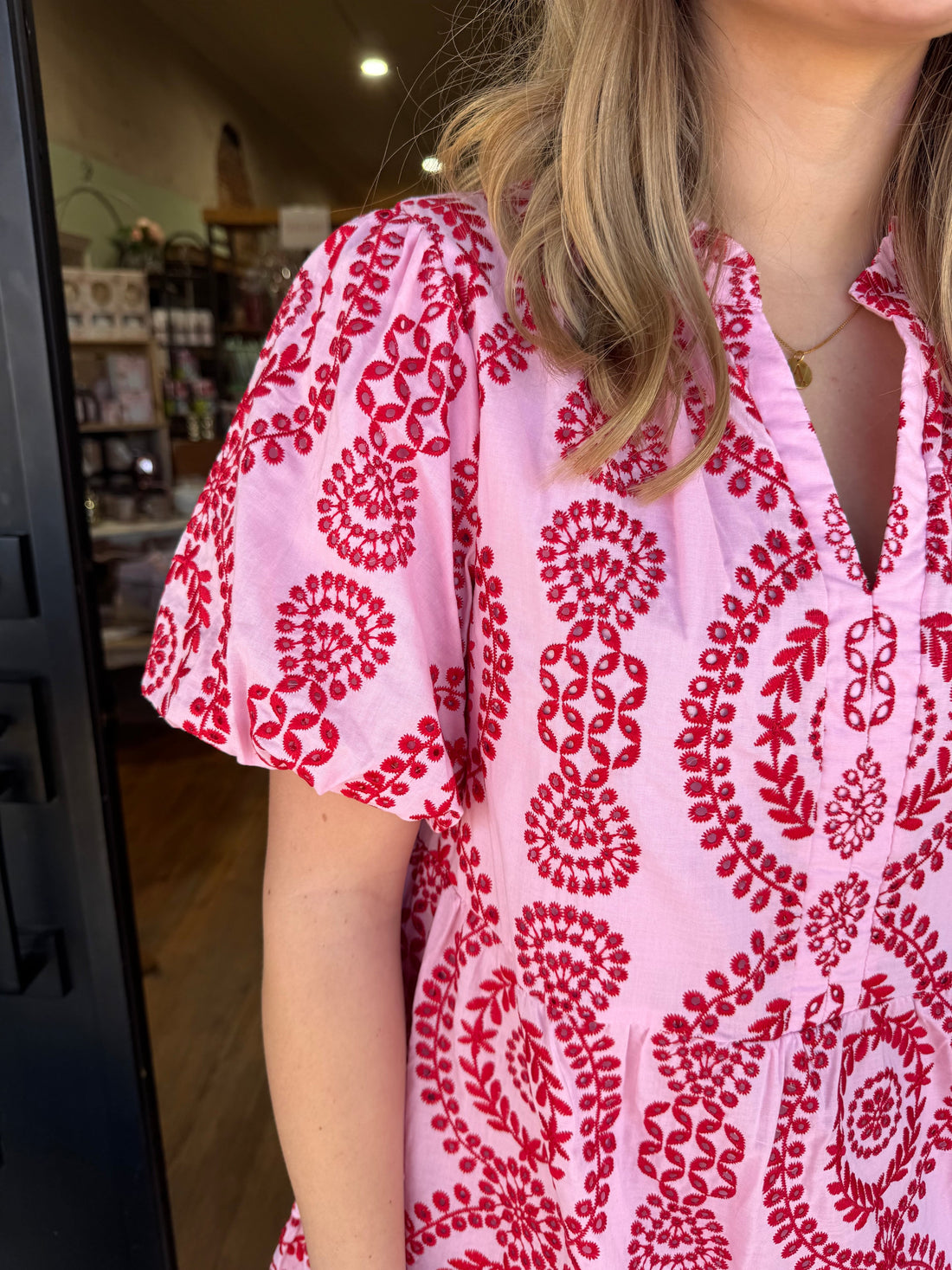 Casual V-Neck Puff Sleeve Eyelet Embroidered Dress