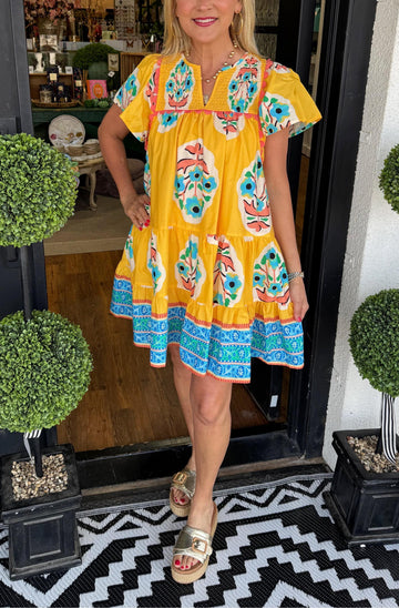 Women's V-neck Puff Sleeve Printed Short Dress