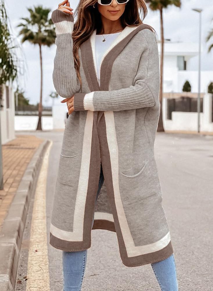 Women's Colorblock Long Knit Hooded Cardigan Coat