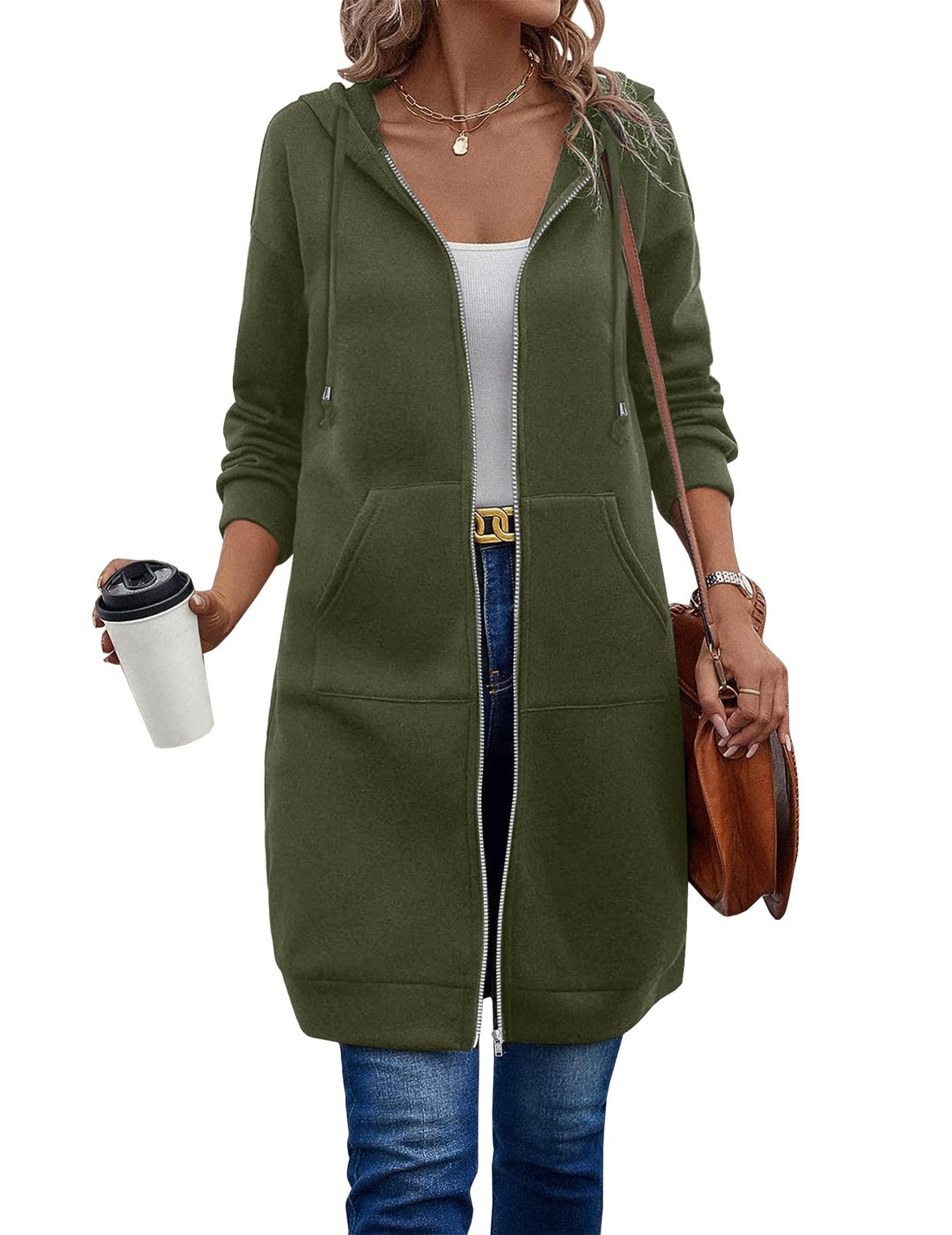 Women Casual Zip up Fleece  Long Hoodie Jacket