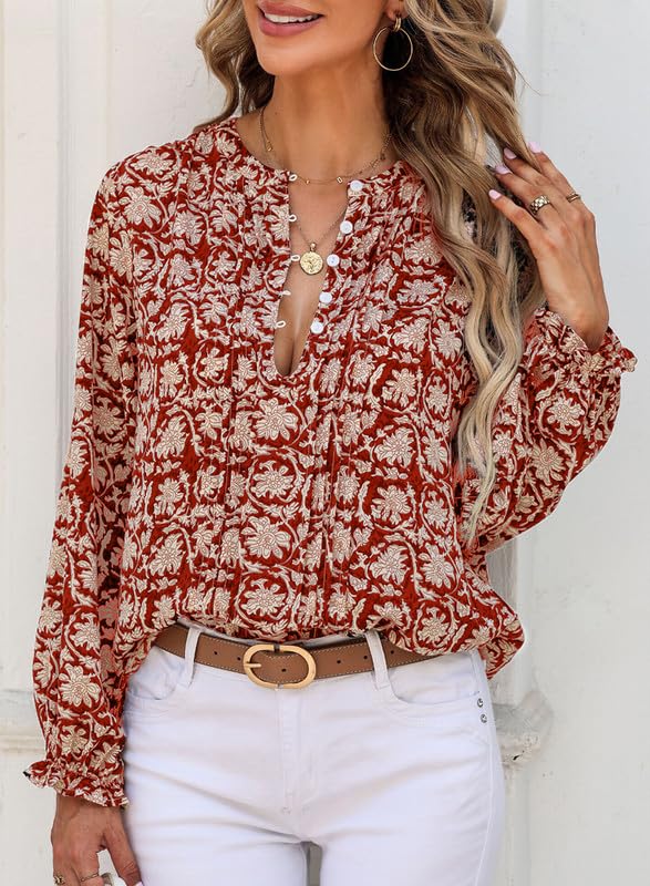 Women's Casual Henley Button Down Long Sleeve Floral Shirt