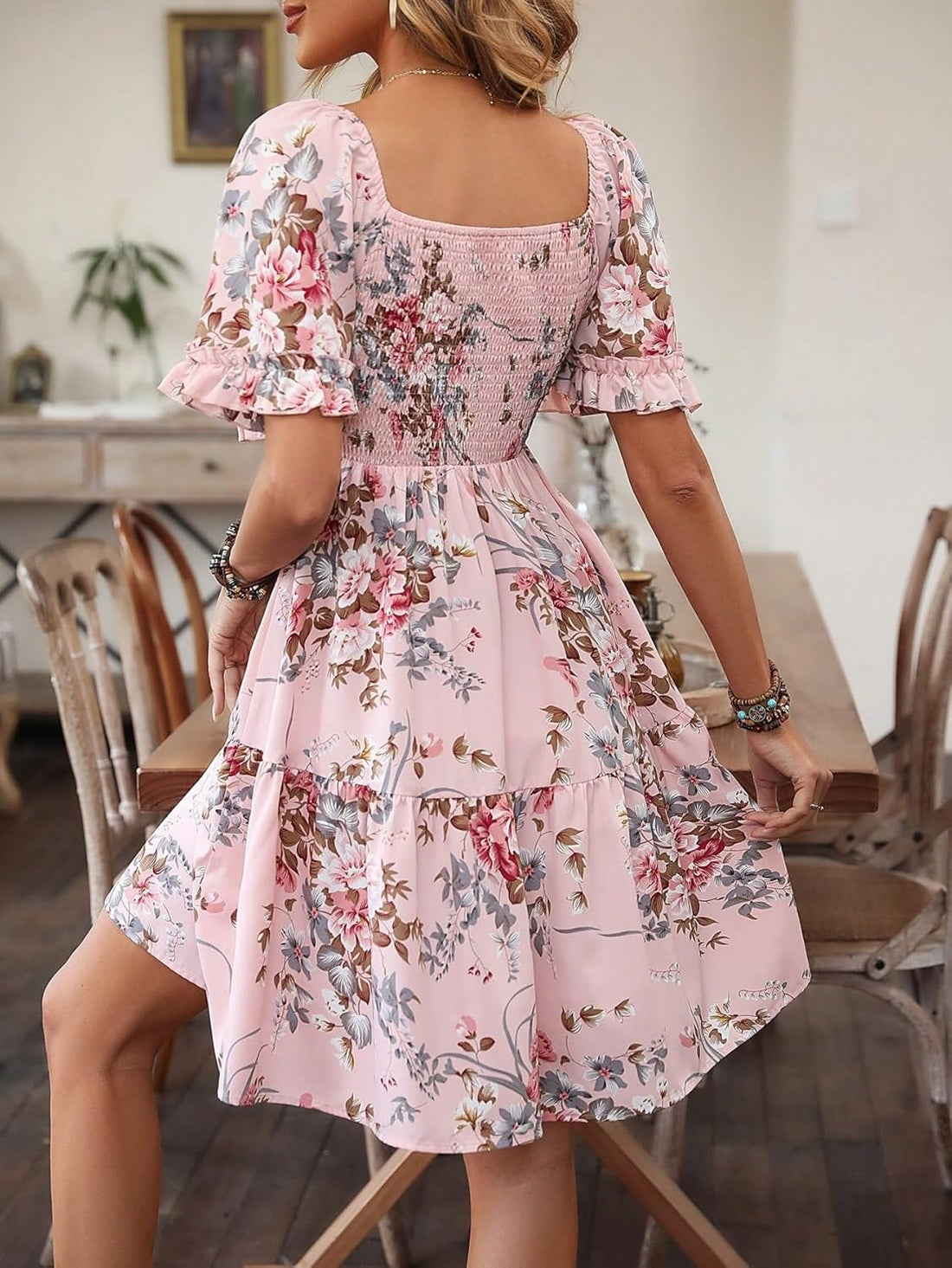 Women's Elegant Floral Short Sleeve Square Neck Mini Dress