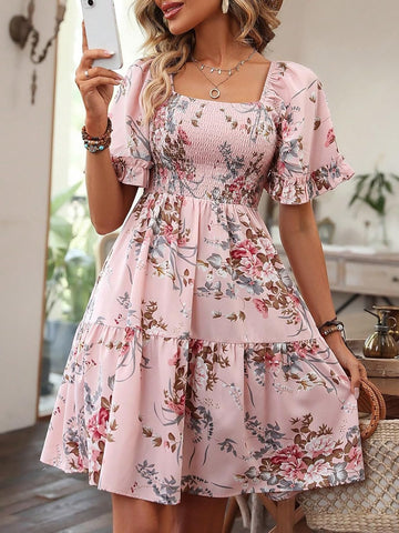 Women's Elegant Floral Short Sleeve Square Neck Mini Dress