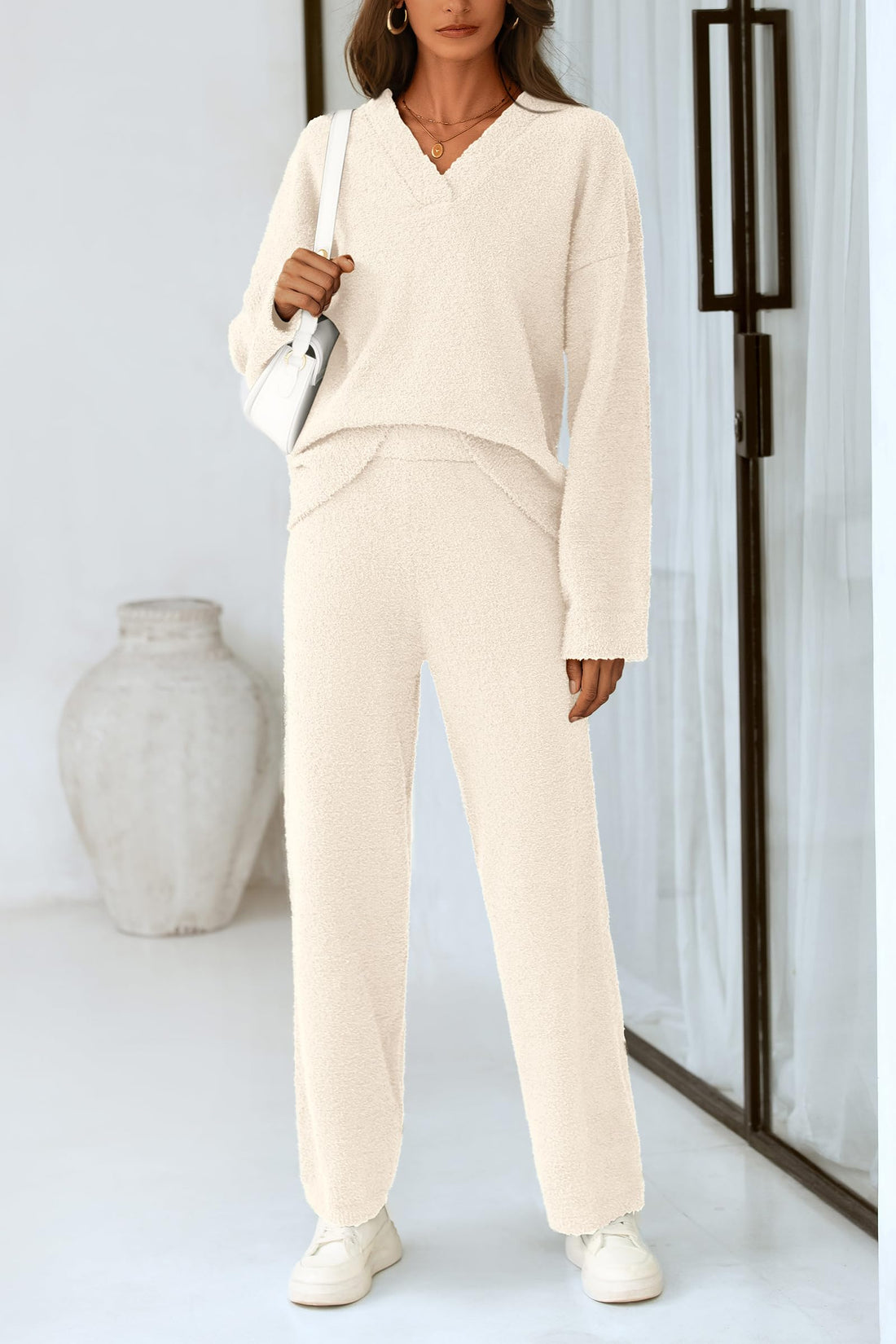 Women's 2 Piece Oversized V Neck Pullover Sweater Fuzzy Lounge Set