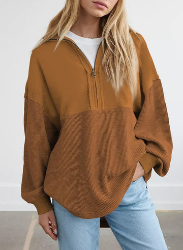 Women's  Waffle Knit Half Zip Pullover Casual Sweatshirt