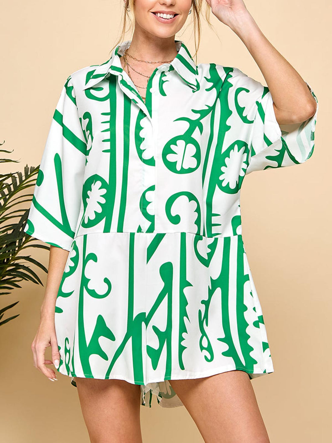 Women's Casual Printed Button-Up Jumpsuit with Pockets
