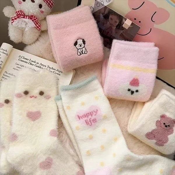 Cozy Fuzzy Winter Sleep Socks for Women – Soft Plush Pink Cute Cartoon Thick Warm Home Socks