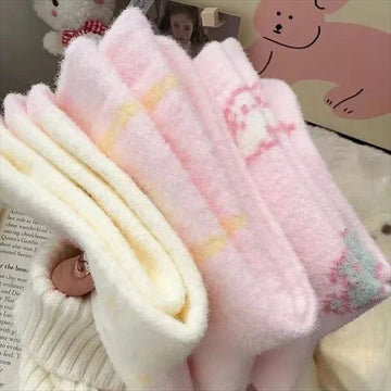 Cozy Fuzzy Winter Sleep Socks for Women – Soft Plush Pink Cute Cartoon Thick Warm Home Socks