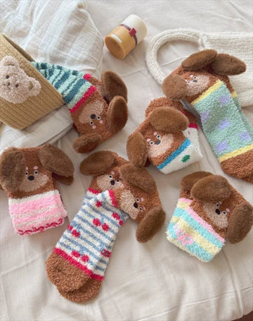 6 Pair Cute Dachshund Fleece Socks – Mid-Calf Cozy Floor Socks for Winter