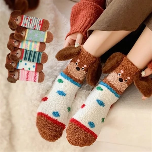 6 Pair Cute Dachshund Fleece Socks – Mid-Calf Cozy Floor Socks for Winter