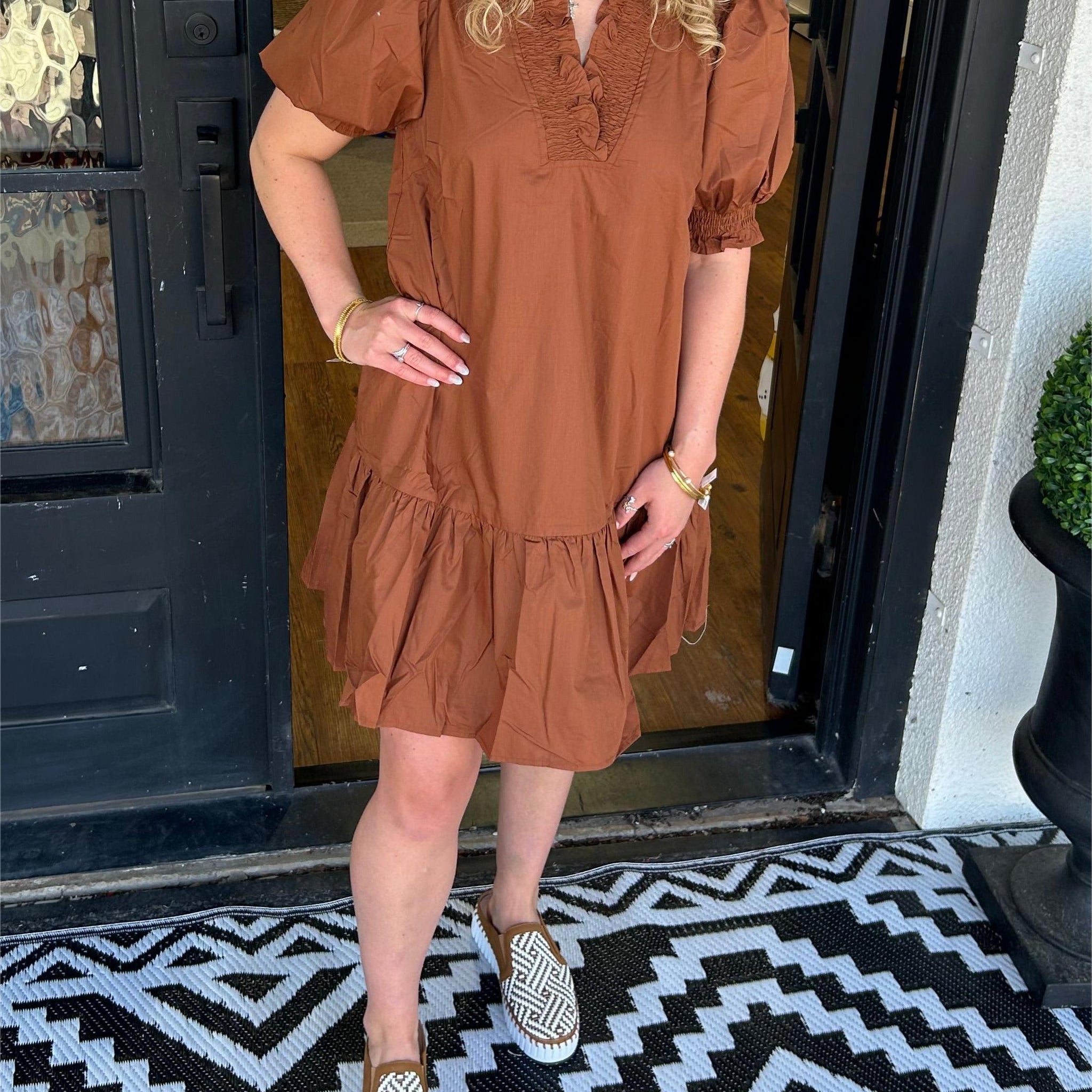 Women's V-Neck Puff Sleeve Henley Dress