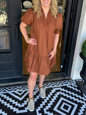 Women's V-Neck Puff Sleeve Henley Dress