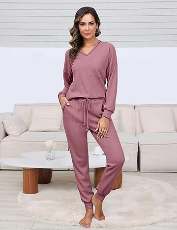 V Neck Waffle Knit Sleepwear Top and Pant Lounge Sets