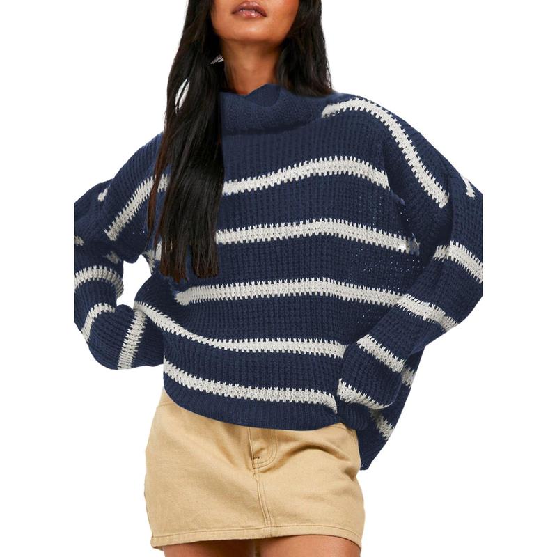 Women Casual Long Sleeve Turtleneck Knit Striped Color Block Loose Pullover