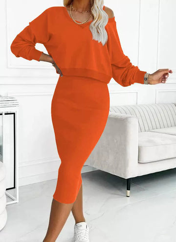 V Neck Off Shoulder Knit Tunic Top Loose High Waist Dress Set