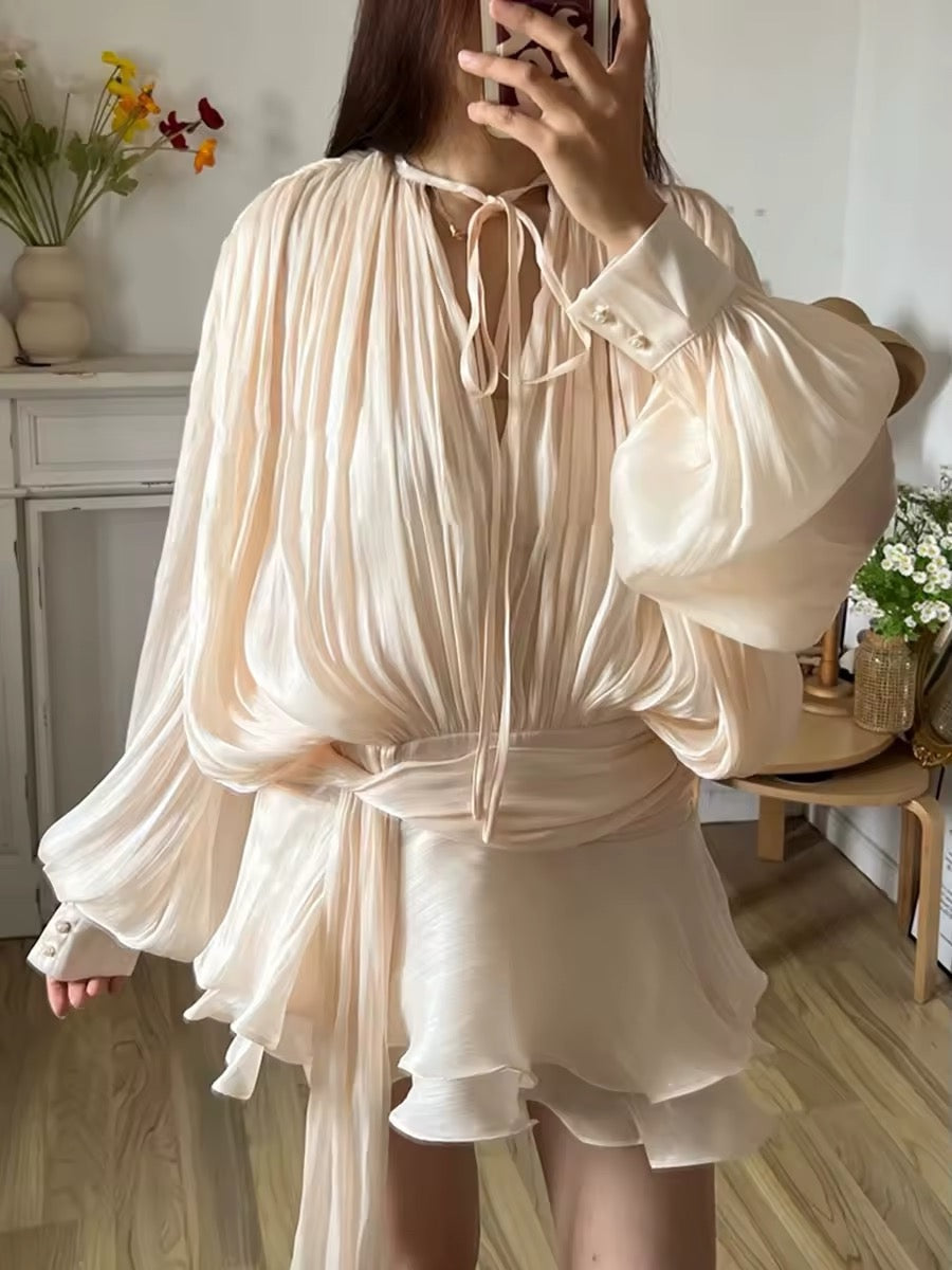 Long Sleeve Satin Silk Tie Up Elegant Mini Dress