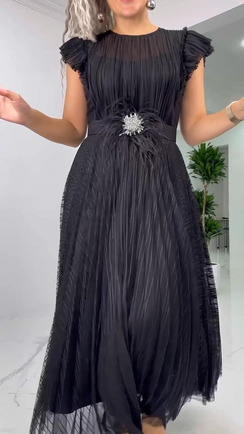 Elegant Pleated Belted Chiffon Dress